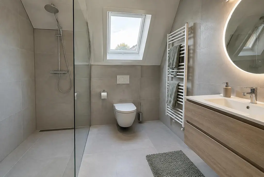 Lekdetectie Bussum – droge badkamer met inloopdouche na herstel