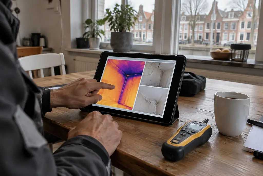 Lekdetectie Bussum – lekdetectierapport met warmtebeelden en foto's op een tablet