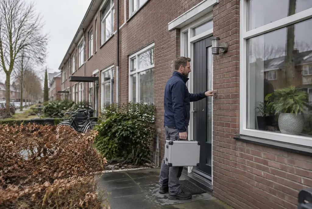 Lekdetectiespecialist met meetkoffer bij de voordeur van een woning in Bussum